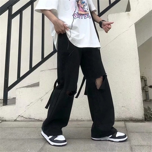 暗黑破洞牛仔裤男新款夏季ins潮牌高街宽松直筒阔腿裤NK6011-P40图片