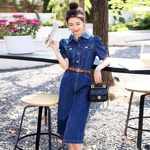 欧洲站牛仔连衣裙女2025年夏季新款气质高腰修身显瘦中长款衬衫裙，女装连衣裙，意芙