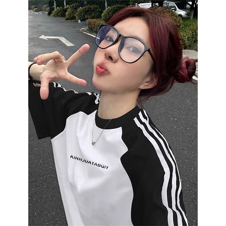 夏季美式高街重磅纯棉三条杠织带插肩撞色男女短袖T恤CZ102-特P25,男装T恤,电商A486