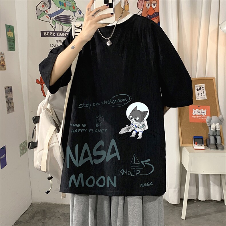YT26187-P30NASA联名同款亚麻短袖t恤男大码五分袖男宽松海报风,男装T恤,电商A040