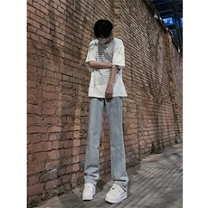 春夏主推大码黑色毛边破洞微喇黄泥牛仔裤直筒裤K10-P50，男装牛仔裤，星座205