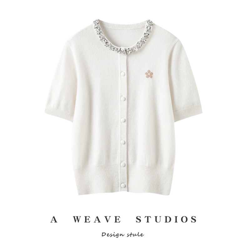 2025百搭时尚袖口镶钻短袖开衫，女装针织衫/毛衣，兴泰羊绒