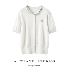 2025百搭时尚袖口镶钻短袖开衫，女装针织衫/毛衣，兴泰羊绒