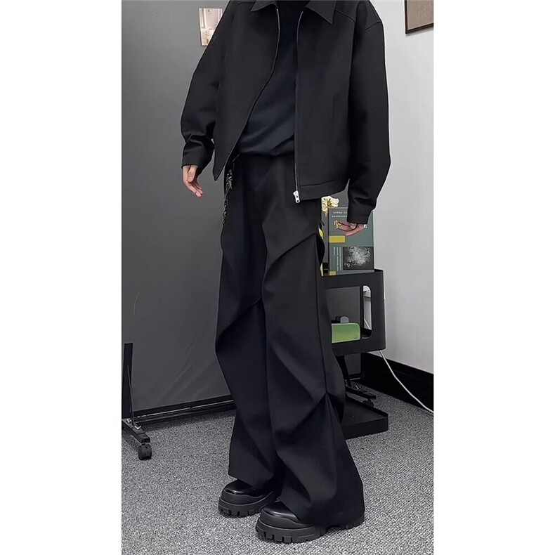 黑色弯刀裤子男生春秋季褶皱设计西装裤子高级感潮牌宽松直筒长裤,男装西裤,星座911-1