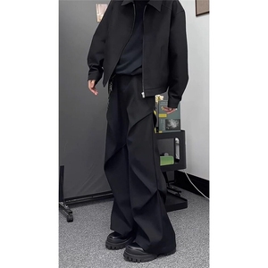 黑色弯刀裤子男生春秋季褶皱设计西装裤子高级感潮牌宽松直筒长裤图片