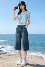 时尚简约套装女夏季新款洋气减龄蓝色翻领条纹上衣牛仔中裤两件套，女装套装/套裙，江南