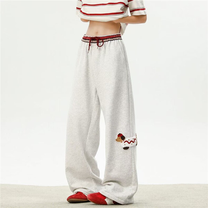 AK2392-p50白灰色抽绳小狗刺绣休闲裤女春季新款宽松直筒阔腿裤子，女装休闲裤，星座617A-2