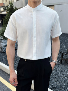 夏季男士七分袖条纹衬衫立领男休闲修身休闲衬衣A236-C663-P55图片
