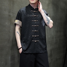 夏季风海水江崖纹绸缎提花立领手工盘扣拼色短袖衬衫31226，男装衬衫，星座305A（原312A-1）