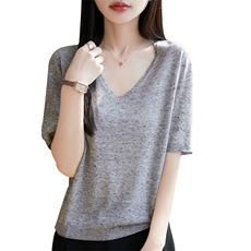 时髦洋气V领针织短袖T恤打底衫女夏季薄毛衣内搭宽松慵懒韩版通勤，女装T恤，东远绒业