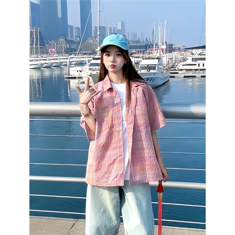 美式色织格纹泡泡纱宽松廊形短袖衬衫男女小众ins外套潮牌CSD08图片