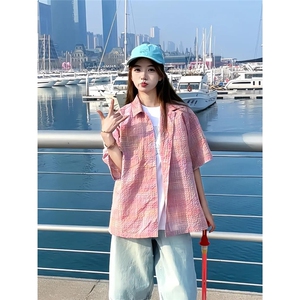 美式色织格纹泡泡纱宽松廊形短袖衬衫男女小众ins外套潮牌CSD08图片