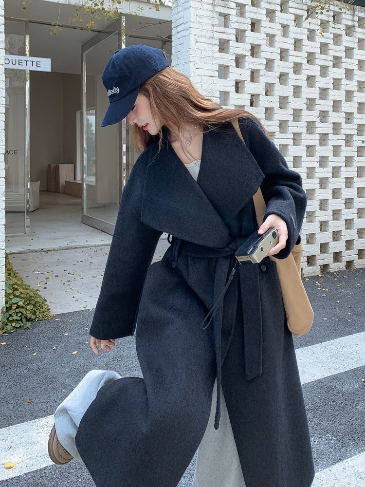 高级感双面羊绒大衣女冬季新款中长款韩版系带收腰毛呢外套老钱风,女装毛呢外套,韩然一族