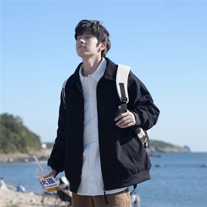 美式复古拼色翻领工装夹克男女秋冬季情侣装休闲宽松棒球服外套潮图片