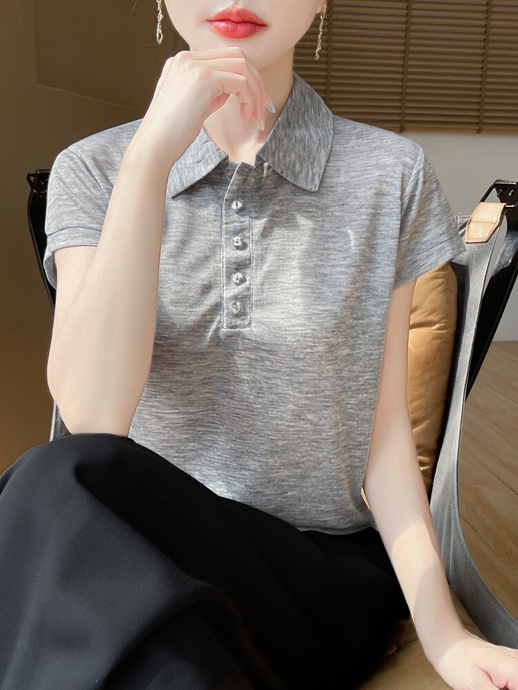 衬衫领短袖简约百搭宽松套头上衣,针织衫/毛衣,绒宛羊绒