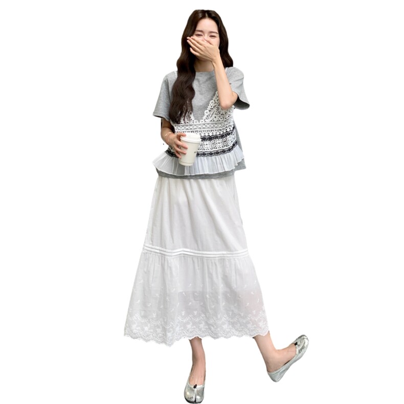 蕾丝拼接T恤半身裙套装女夏2025新款夏日绝美韩里韩气两件套爆款,女装套装/套裙,2D148
