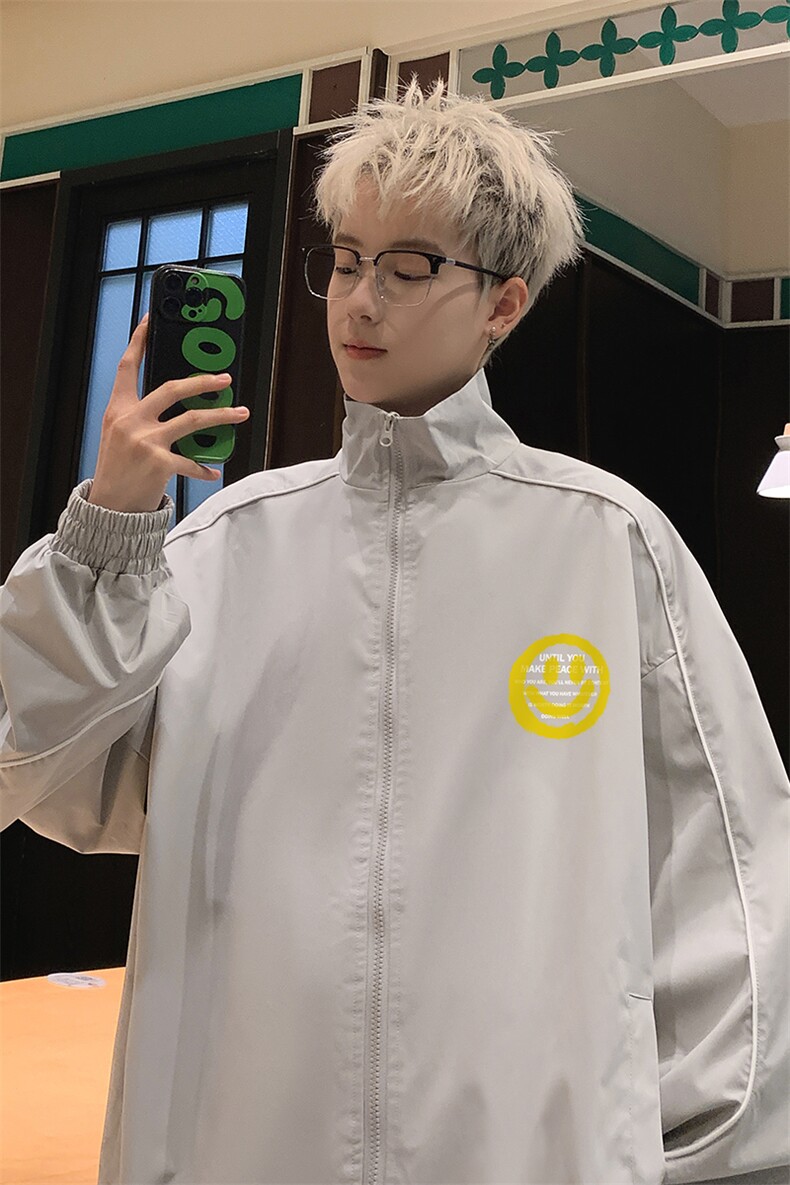 港风夜景新款春季时尚立领撞色笑脸印花夹克外套F348P65控88,男装夹克,电商A247