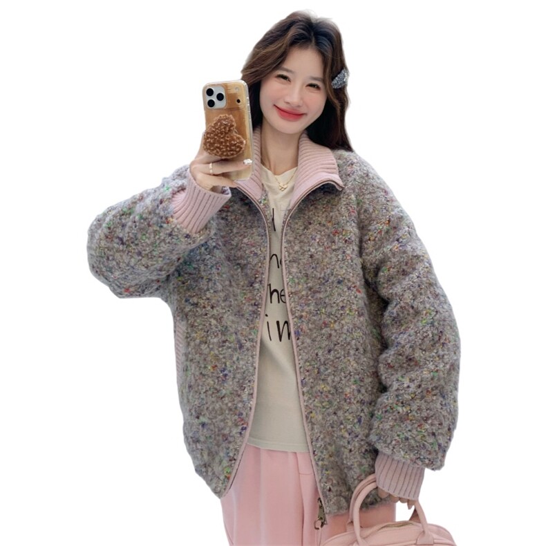 独特设计感灰色短款羊羔毛羽绒服女冬季超火好看高级小众加厚外套,女装羽绒服,2C230