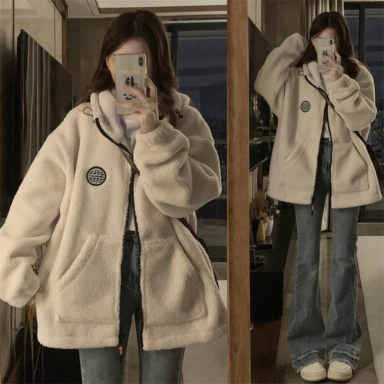 羊羔毛外套女新款情侣宽松百搭加绒加厚开衫棉服连帽C551-P120图片