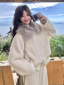 大毛领短款羊羔仿皮草外套毛绒保暖翻领冬季女图片