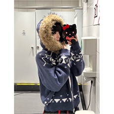 法式古着费尔岛拼色针织连帽情侣民族风毛衣开衫外套，男装针织衫/毛衣，四季星座505