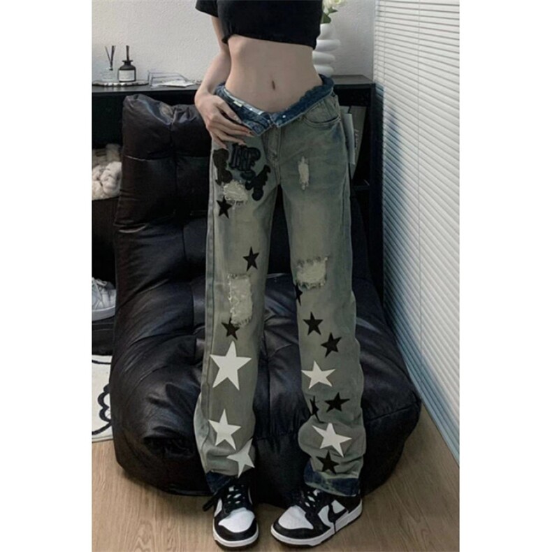 【008】刺绣五角星牛仔男女潮牌修身直筒破洞贴布A079-N079-P47,男装休闲裤,电商A079