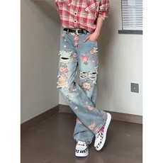高级感满印玫瑰花卉破洞牛仔裤男夏季薄款直筒裤A8064-P47，男装牛仔裤，星座208-5