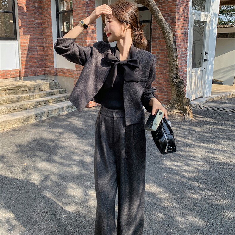 高级感小香风套装女2025春季新款蝴蝶结系带外套阔腿裤显瘦两件套,女装套装/套裙,2C095