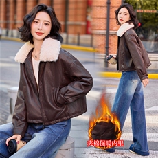 现货BAO款皮棉服女2025冬季新款保暖毛领羽绒棉PU皮衣短外套上衣，女装皮衣，跑量工厂店