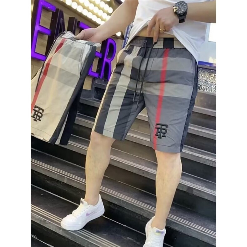 夏季冰丝薄款男士休闲短裤网红外穿潮流速干沙滩裤格子拼色五分裤，男装牛仔裤，星座1210-1