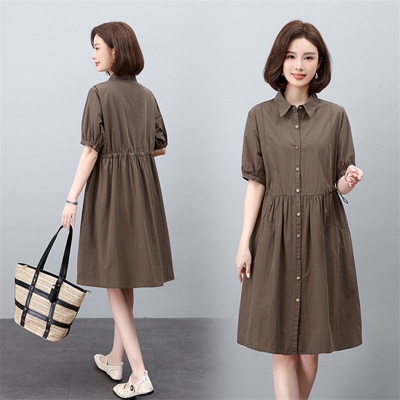 2026夏季新款纯棉宽松大码连衣裙中长款翻领开衫中长款女裙子，女装连衣裙，板酷