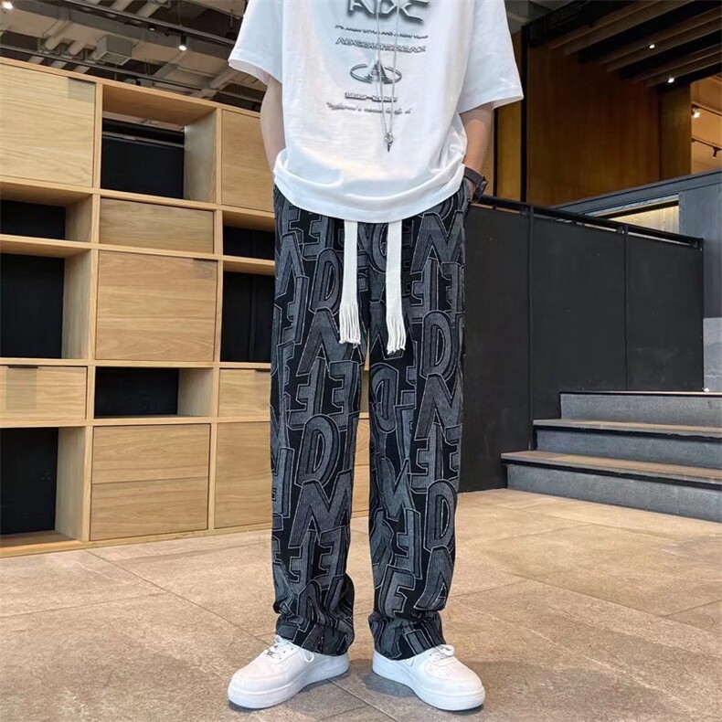 灯芯绒字母满印休闲裤男设计感情侣宽松阔腿裤子CK92P33加绒P43,男装休闲裤,星座410-2