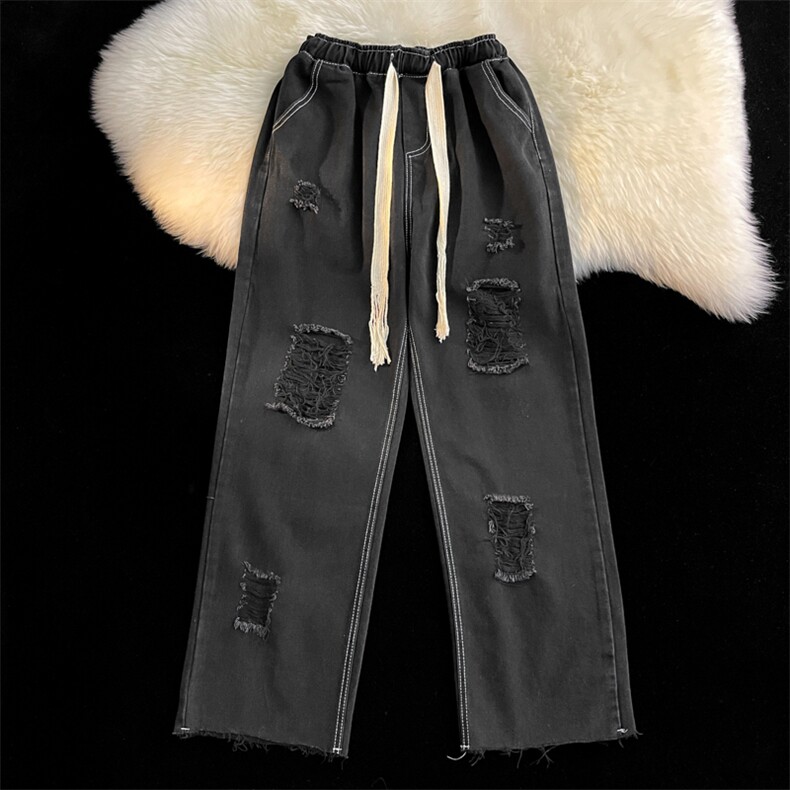 牛仔裤男薄款毛边破洞直筒阔腿长裤vibe痞帅休闲长裤N016-P45，男装牛仔裤，星座308B-2