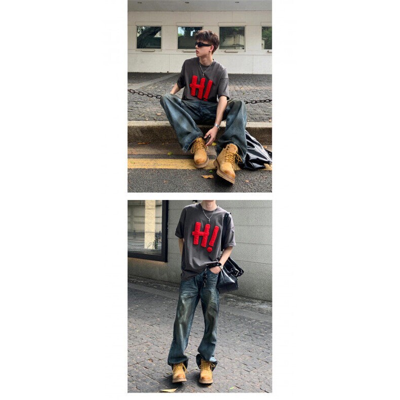 M442-P35立体塞棉hi字母短袖T恤男女纯棉宽松情侣上衣,男装T恤,星座617A-1（原B318A）