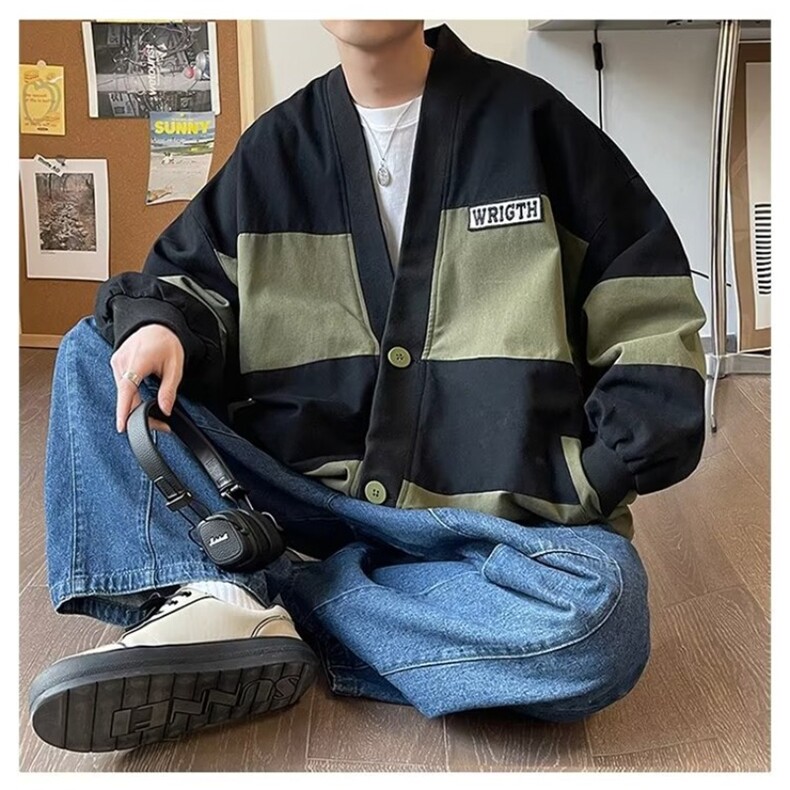 外套男美式复古ins春秋加大码V领上衣服潮牌宽松拼色棒球外夹克男,男装夹克,星座1210-1