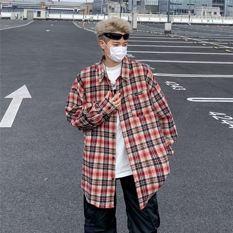 美式复古格纹长袖衬衫男女宽松上衣潮流慵懒情侣休闲衬衣6002/P40,男装衬衫,星座506