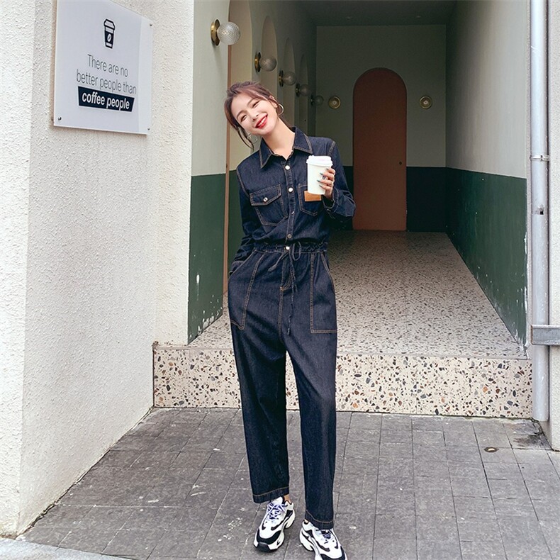 休闲减龄藏蓝色牛仔衬衫连体裤女2025春秋洋气超火巨好看工装长裤，女装牛仔裤，艾青服饰
