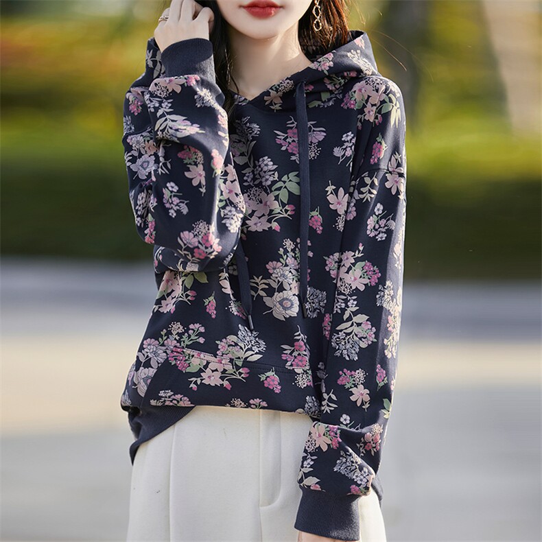 2024秋冬新款百搭休闲连帽碎花加绒卫衣女时尚加厚宽松打底衫上衣,女装卫衣/绒衫,佳绒高端店