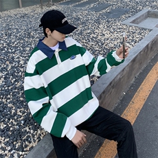 日系Cityboy条纹翻领卫衣男秋季宽松撞色polo衫长袖男学院风上衣，男装卫衣，星座410-6（原星座1304-1）