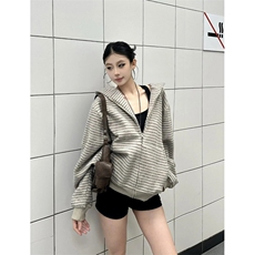 条纹卫衣开衫男女韩版潮流连帽帅气宽松2025秋冬ins外套WB528-P63，女装短外套，星座412-3