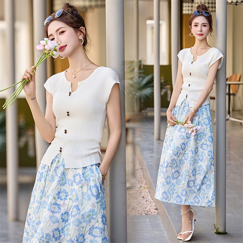 现货现货{主推款}新款夏季两件套连衣裙2025气质洋气印花套装现货，女装连衣裙，一安秀