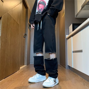网红同款膝盖拉链破洞牛仔裤水洗高街男休闲牛仔裤 B8181 P45图片