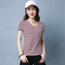 经典2025年夏季短袖常规修身拼接圆领粗横条纹T恤，女装T恤，板酷