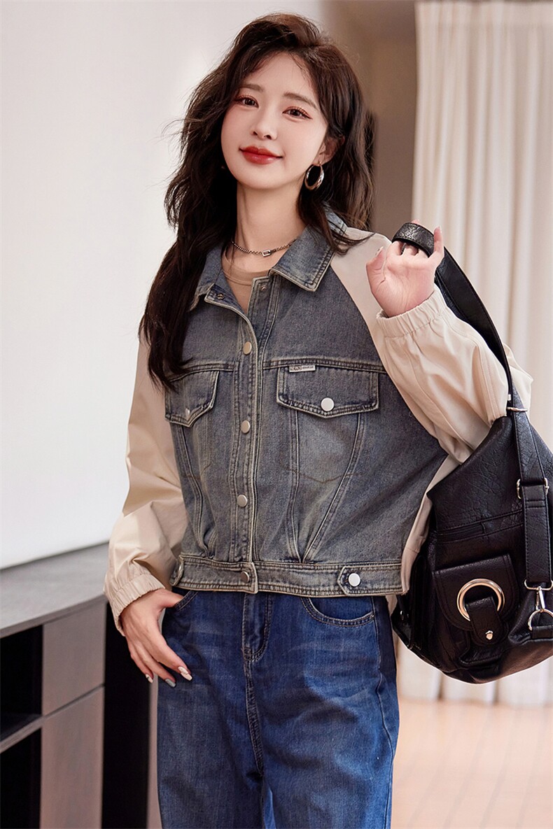 甜美文艺宽松休闲牛仔拼接外套女2024早春新款百搭短外套,女装短外套,韩蜜菓