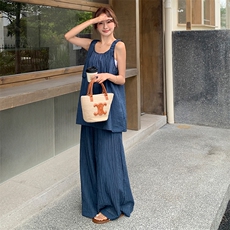 慵懒风宽松吊带上衣拖地阔腿裤套装女2025夏季新款简约休闲两件套，女装套装/套裙，浙宝305