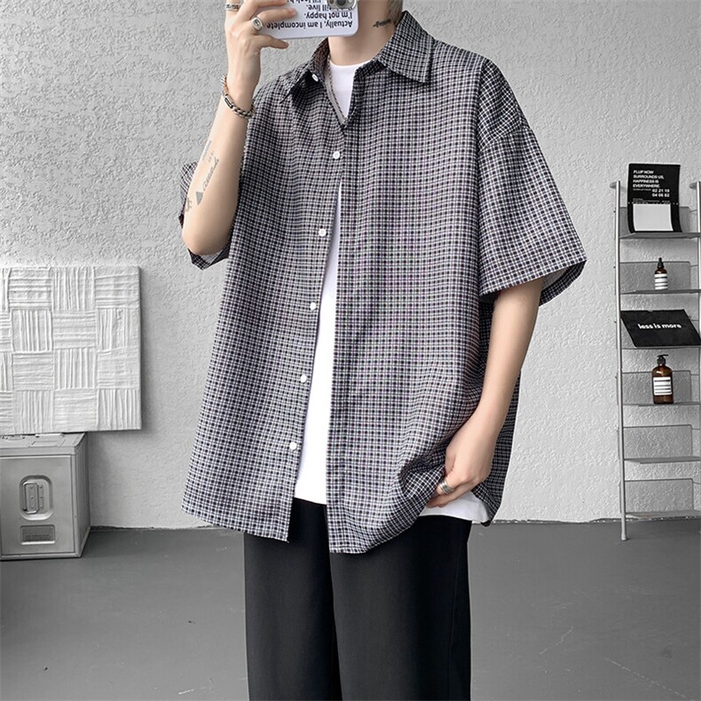 8XL-M短袖衬衫男夏宽松慵懒风痞帅条纹格子衫半袖外套DC28005P40,男装衬衫,电商B312