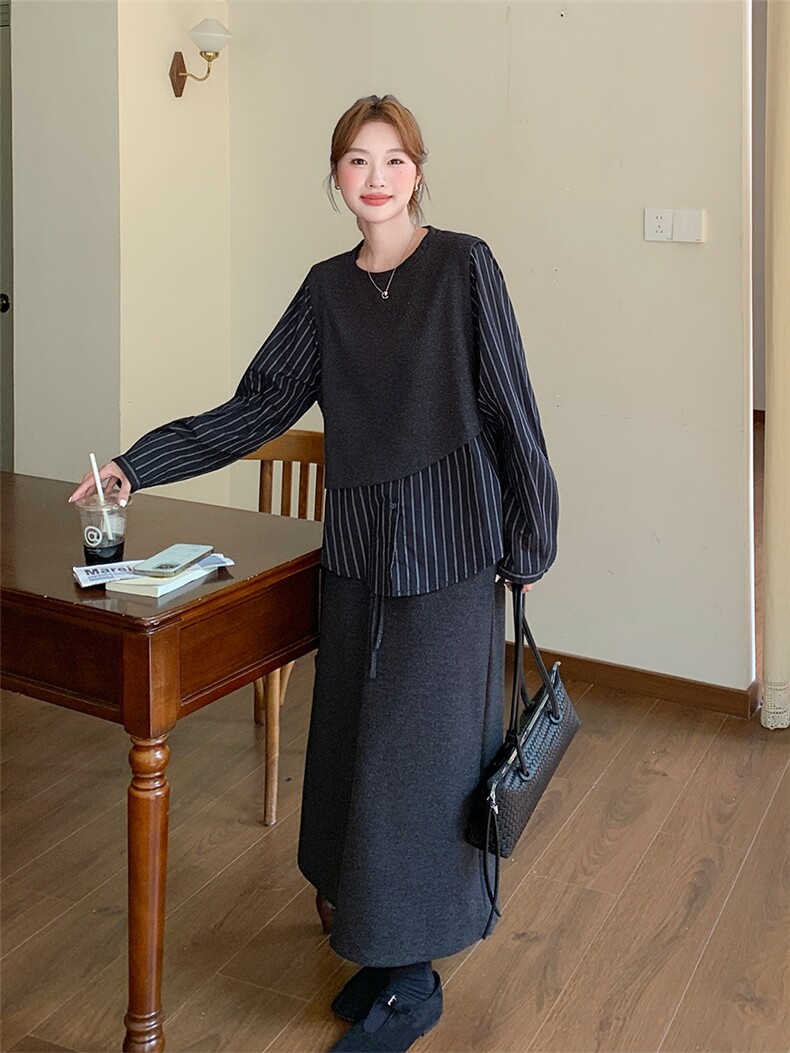 韩系慵懒气质套装裙女收腰显瘦条纹拼接上衣2025新款半身裙两件套,女装套装/套裙,浙宝301