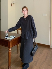 韩系慵懒气质套装裙女收腰显瘦条纹拼接上衣2025新款半身裙两件套，女装套装/套裙，浙宝301