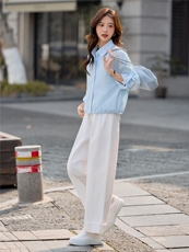 2026年春季小众设计衬衫刺绣花苞下摆减龄时尚休闲套装，女装套装/套裙，深水步