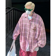 格子衬衫男长袖韩版潮流字母刺绣高街帅2024秋季C8011-P45，男装衬衫，星座1109-3